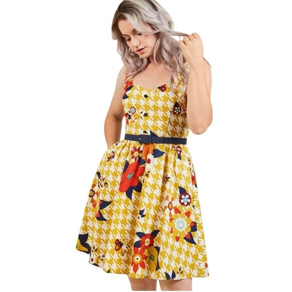 Modcloth 3X Yellow Floral Dress NO BELT Houndstooth 50s Cottagecore Pin Up - Picture 1 of 5